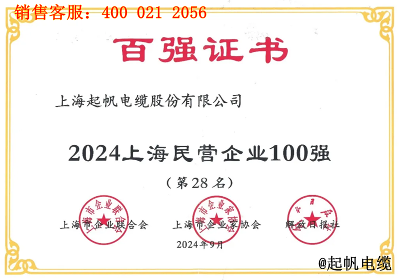 3.起帆電纜入圍2024年上海民營企業(yè)100強第28名 3.起帆電纜入圍2024年上海民營企業(yè)100強第28名
